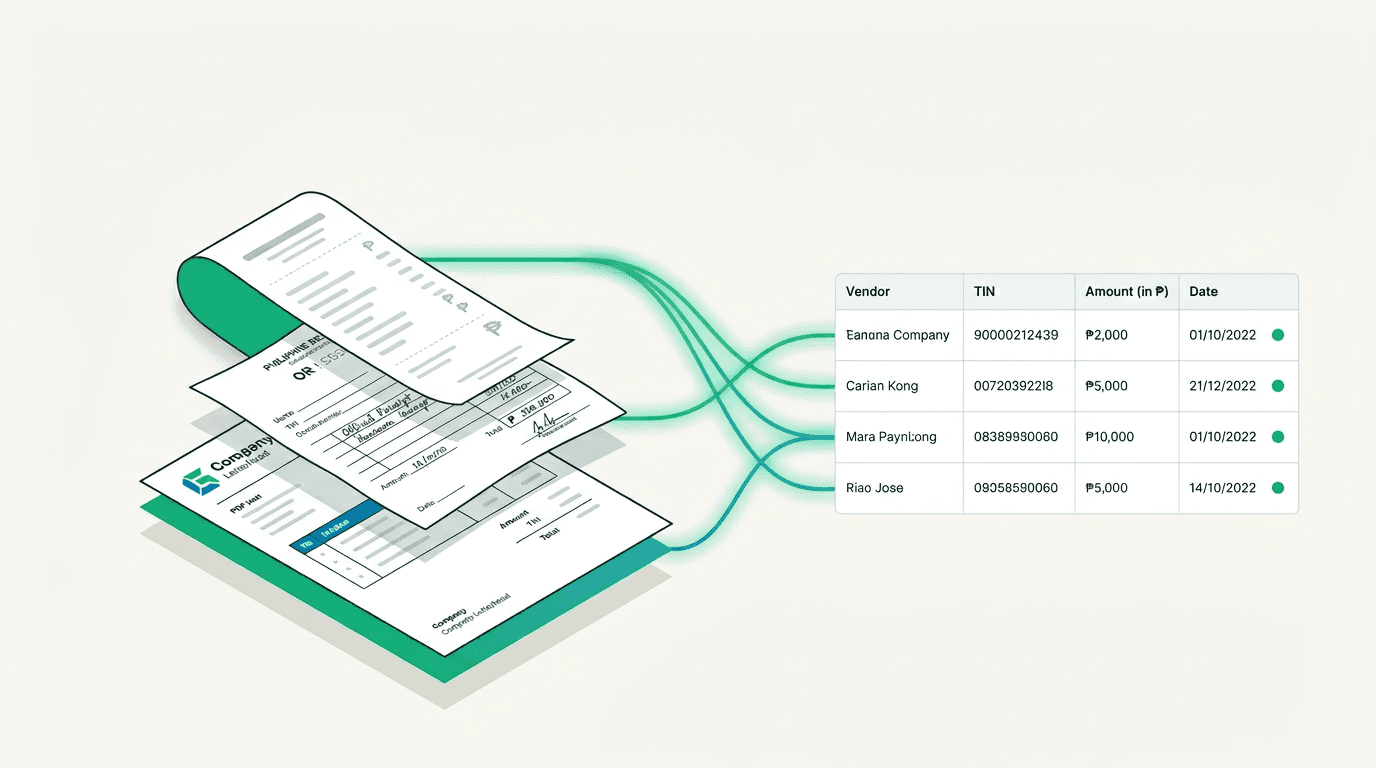 Stack of Filipino business receipts (thermal, handwritten OR, PDF invoice) parsed by Snap Turbo into a clean structured data table with vendor, TIN, amount, and date columns.