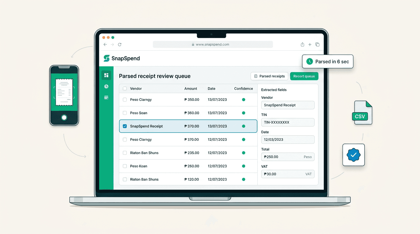 SnapSpend product interface — a parsed receipt review queue with vendor names, peso amounts, dates, and confidence-scored extraction. A floating badge reads 'Parsed in 6 sec' alongside a phone mockup snapping a receipt and a CSV export icon.